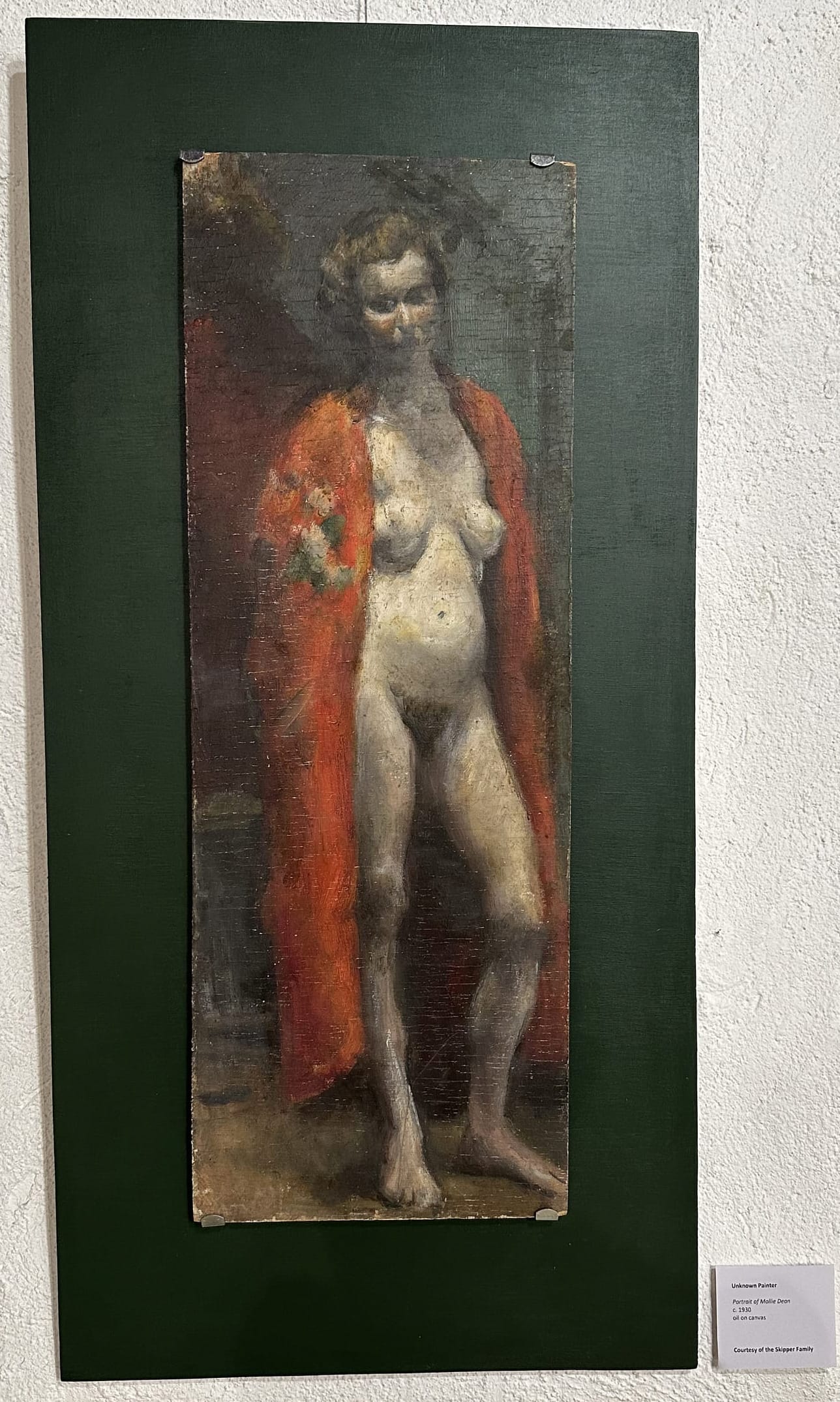 A full length portrait of a nude woman wearing a red kimono