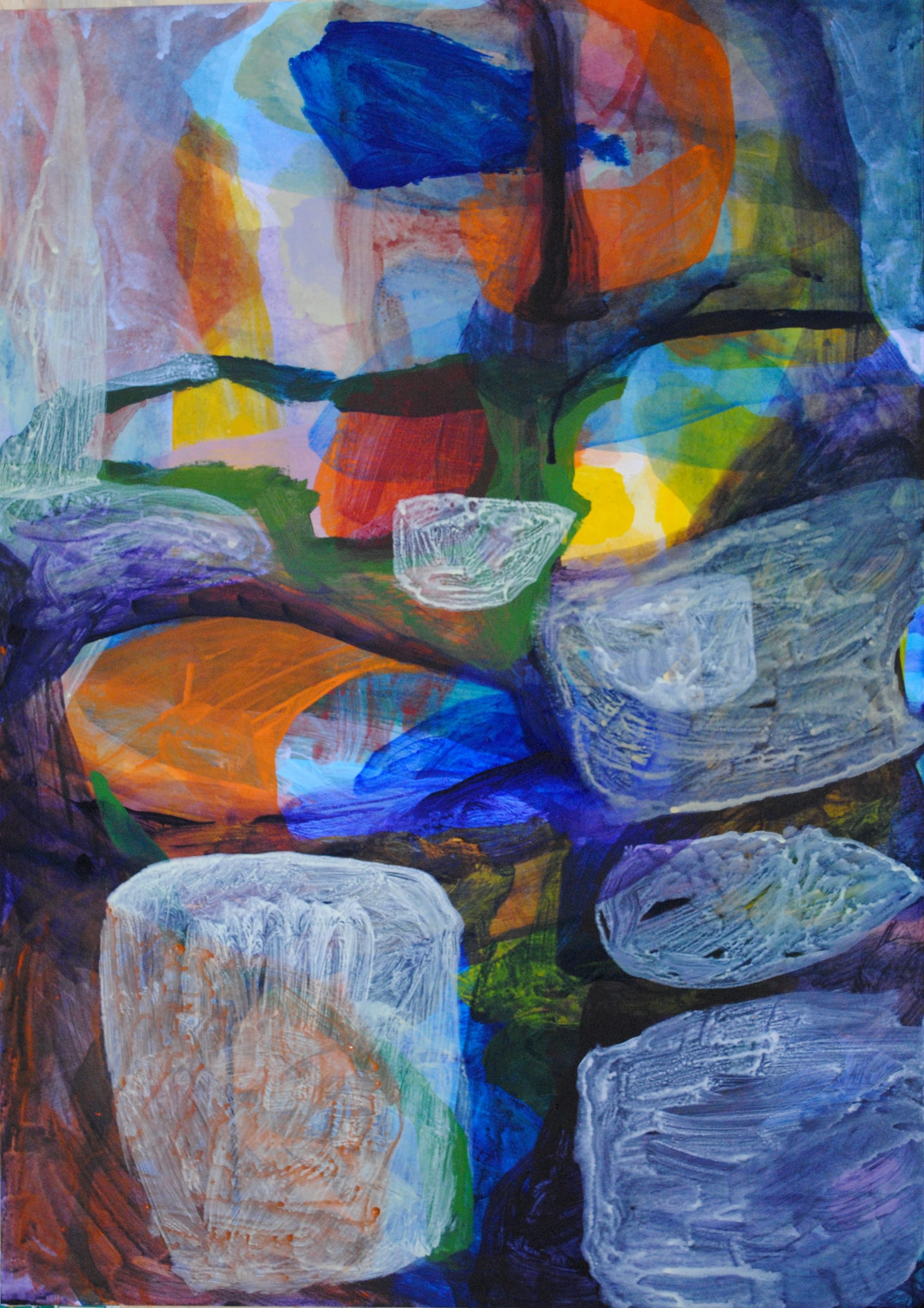 Silver rock shapes occupy the lower half of an abstract painting with colourful shapes in the top half.