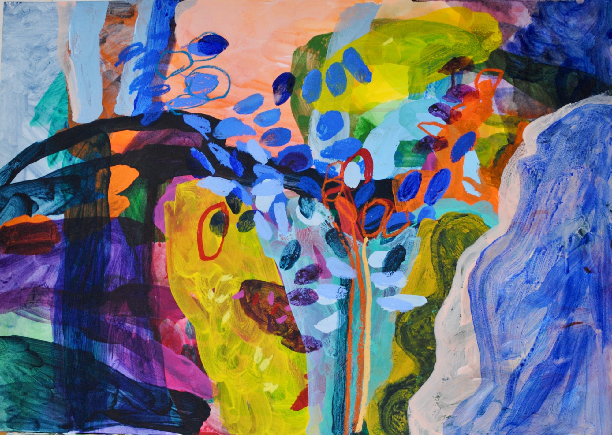 An abstract painting with blues, yellows, red lines and dark and light areas.