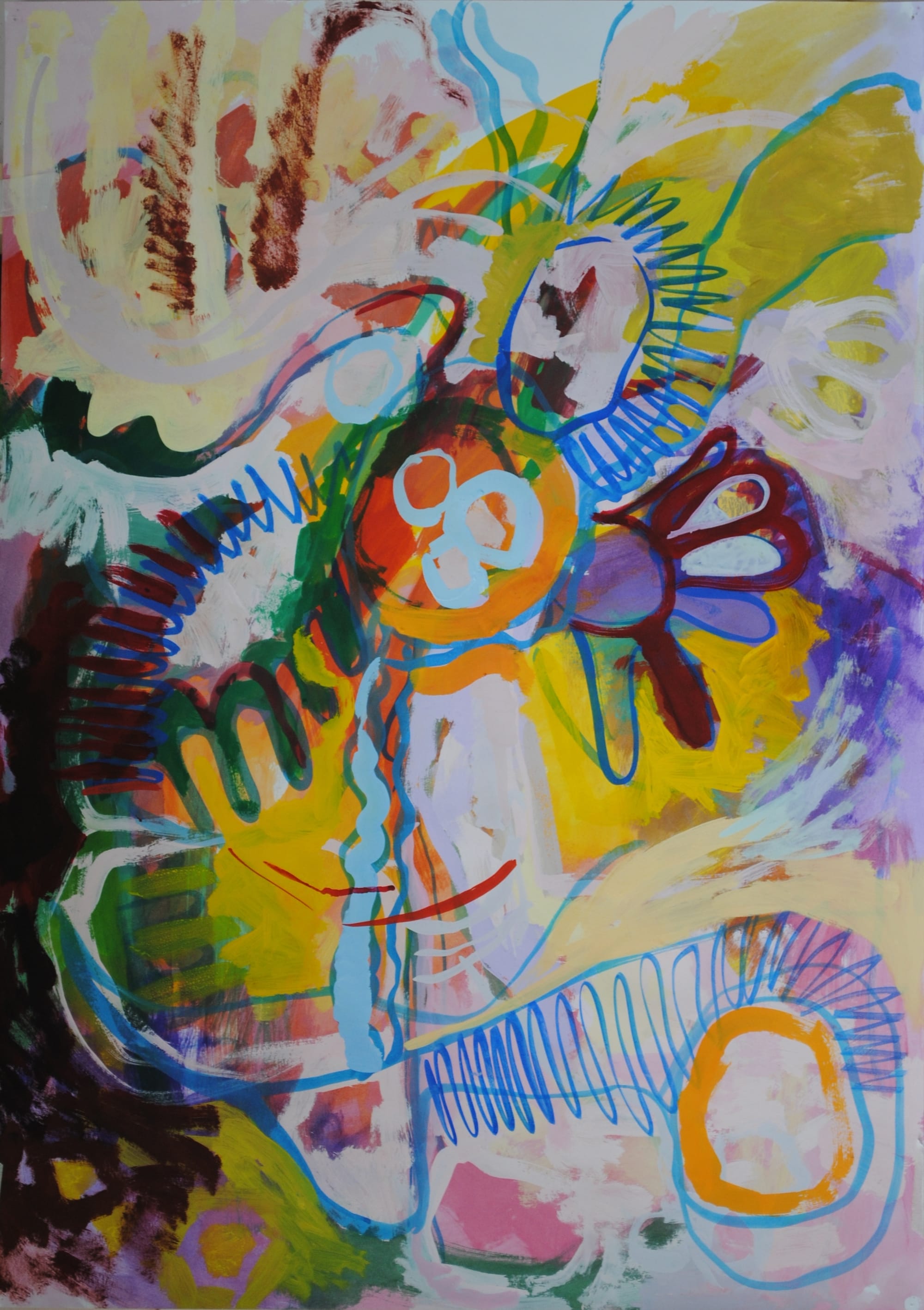 A colourful abstract painting with circles, squiggles and curving marks.