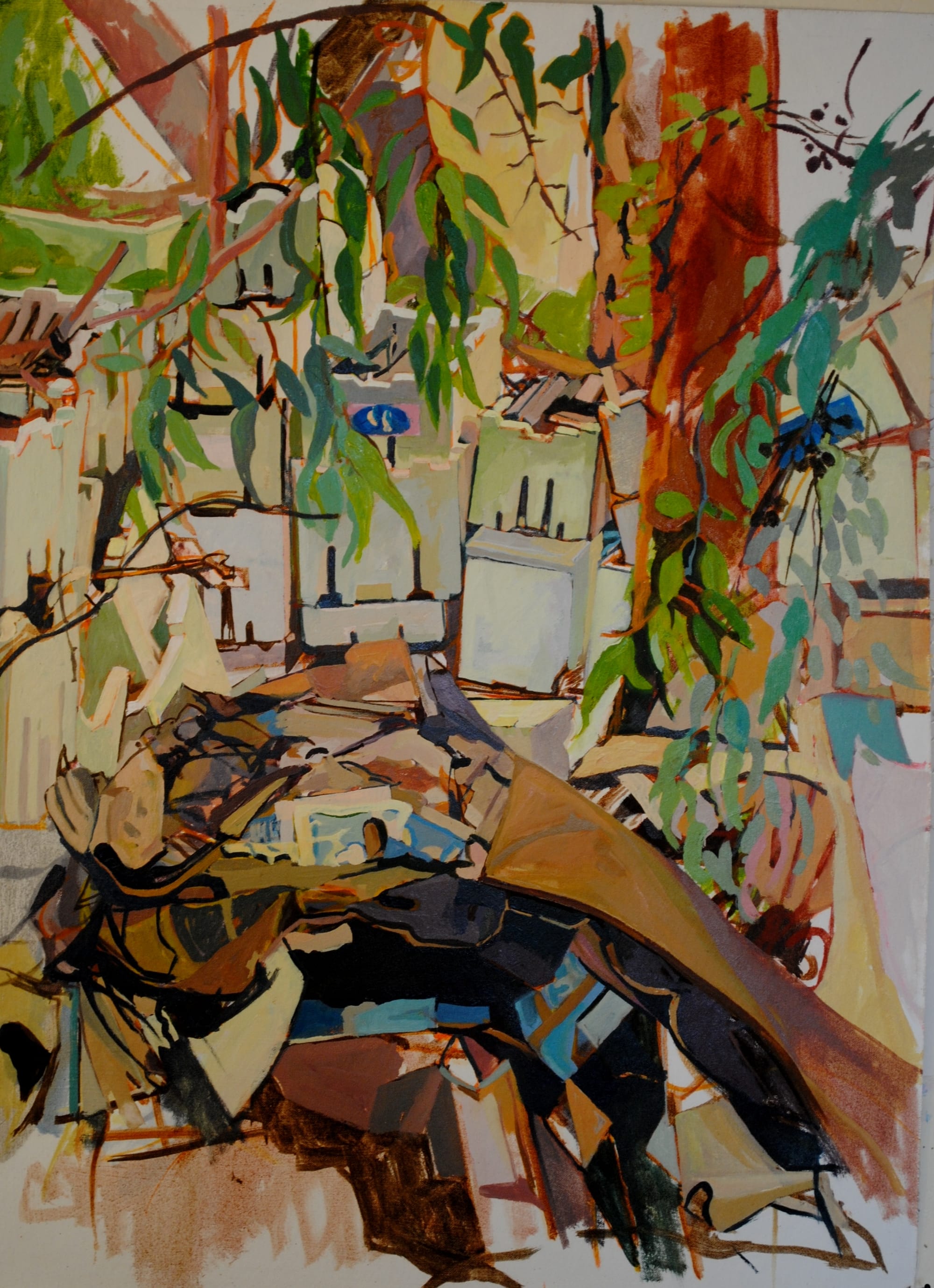 A painting of polystyrene boxes, gum leaves and garden detritus.
