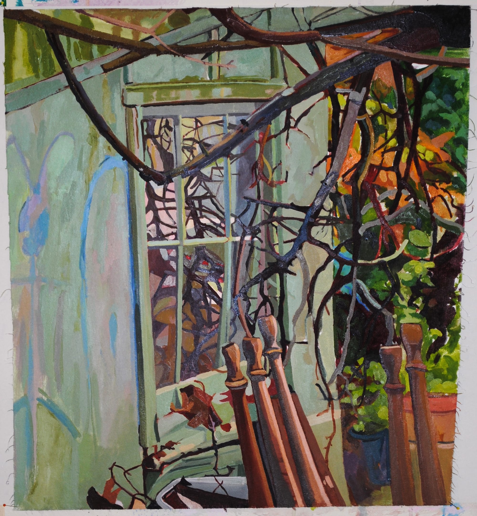 A painting of a shed window with branches reflected.