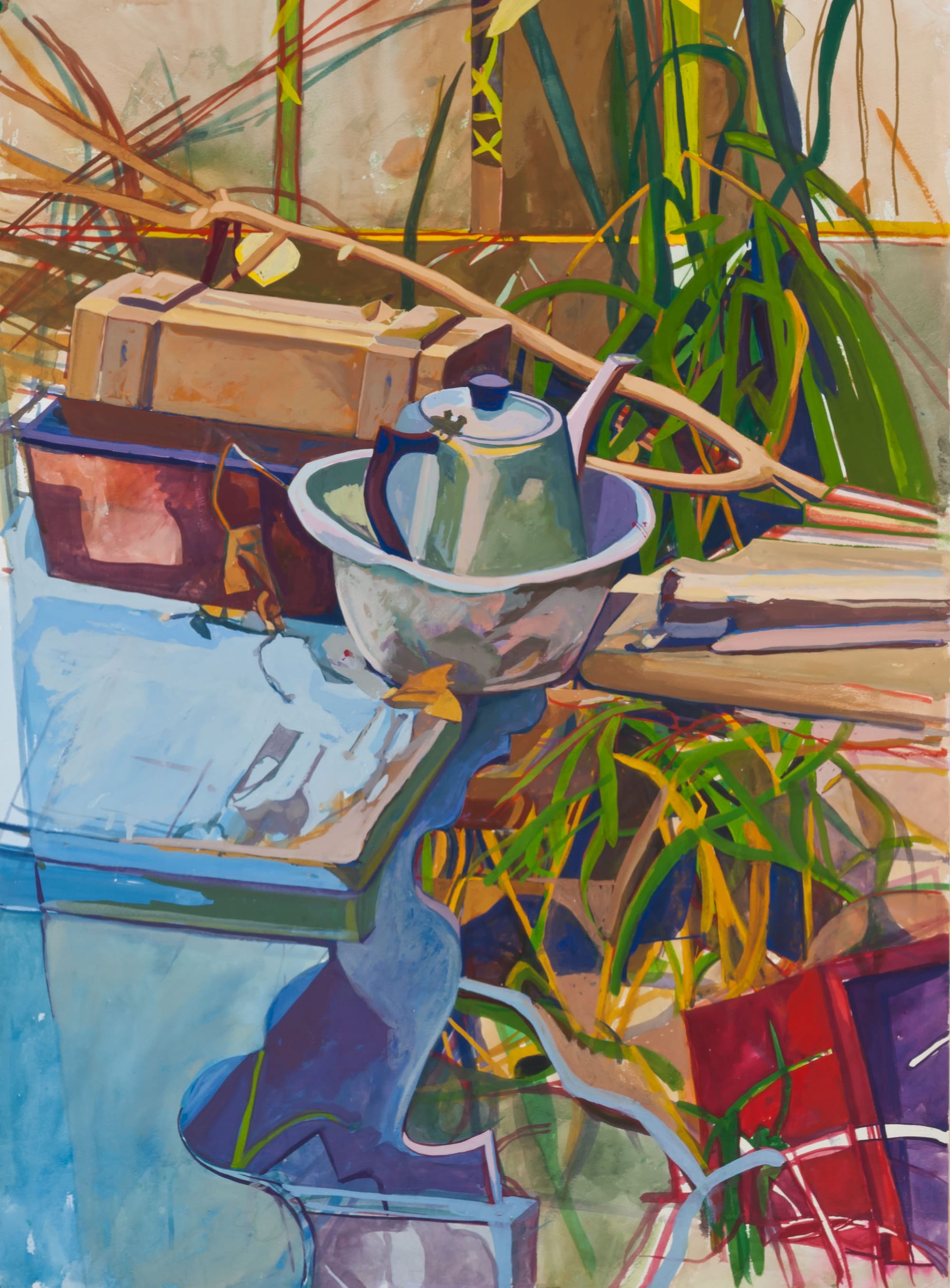 A painting of a cluttered outdoor garden with teapot perched on a blue desk.