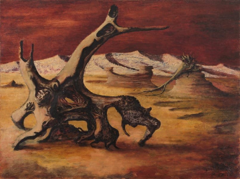 A painting of the Lake Mungo landscape, predominantly reds and yellow browns.