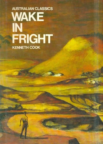 The cover of Kenneth Cook's novel Wake in Fright, with Drysdale's image of a man alone, shirtless in a desolate landscape.
