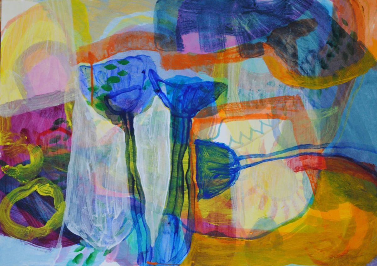 A colourful abstratc painting with three blue lotus flowers in the centre.