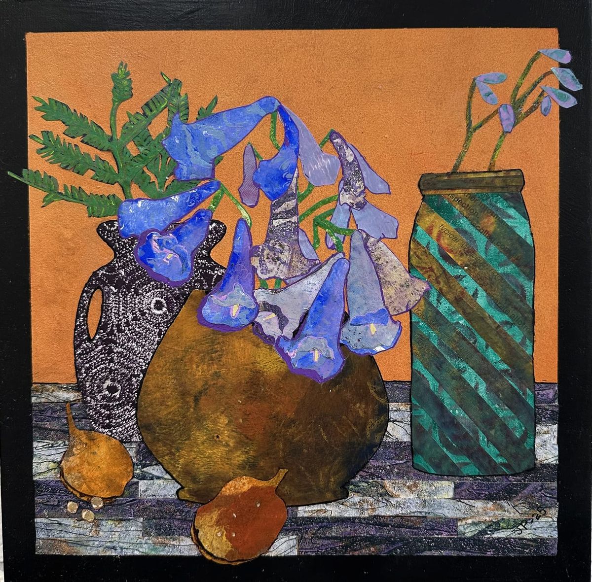 A still life of Jacaranda flowers in collageg patterned vases.