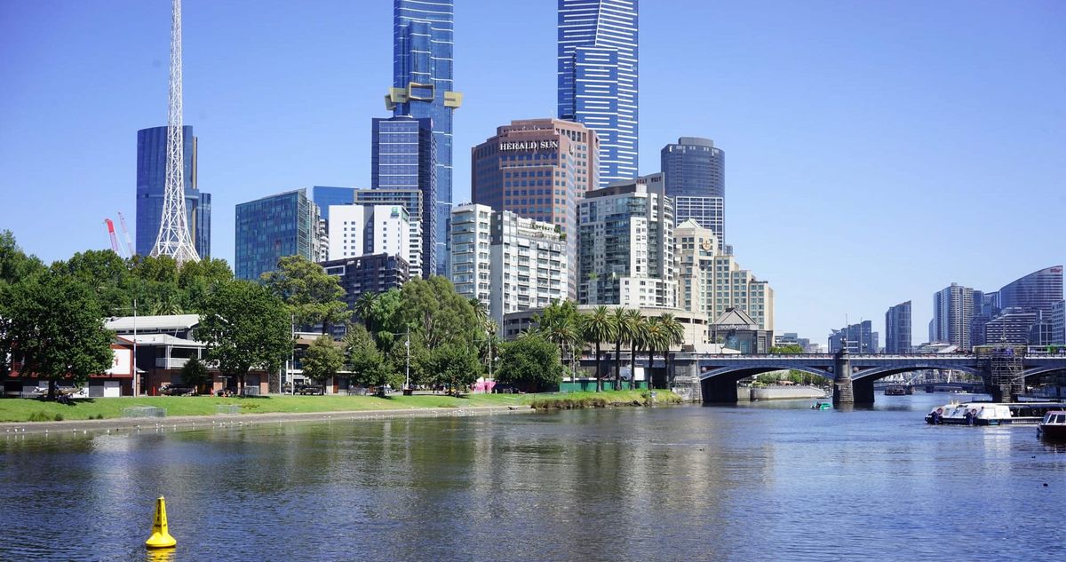Birrarung (Yarra River) looking from the north bank near Federation Square with sky scrapers in the background.