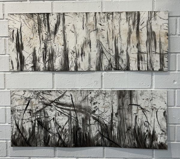 Two black and white horizonal artworks composed of abstract marks made by rubbing paper along recently burnt landscape.