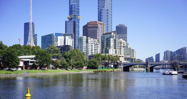 Birrarung (Yarra River) looking from the north bank near Federation Square with sky scrapers in the background.
