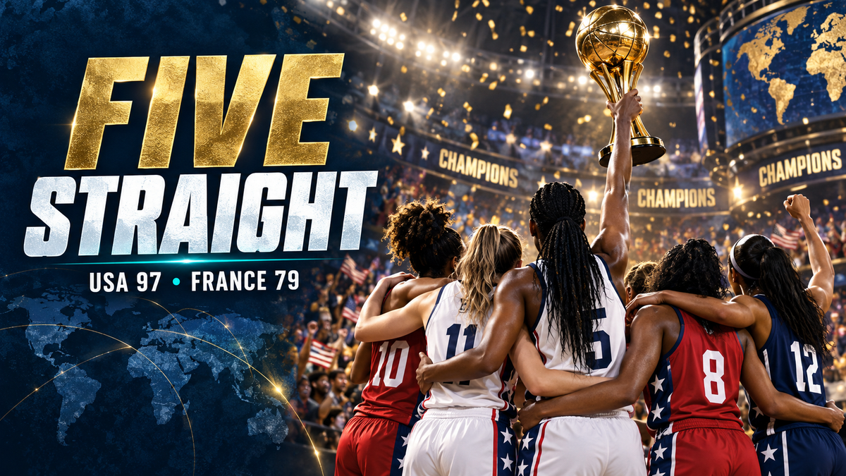 Team USA celebrates a fifth straight Women's World Cup title after defeating France 97-79