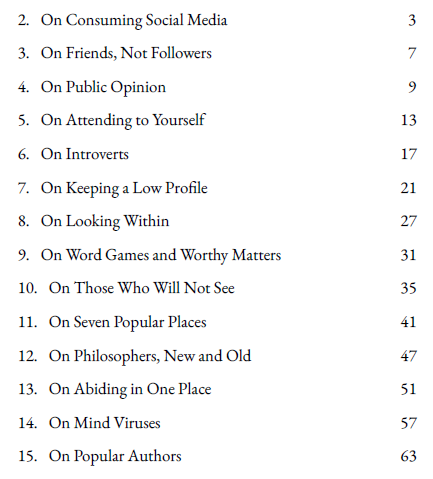 Table of Contents of Stoic Lessons on Avoiding the Public Eye