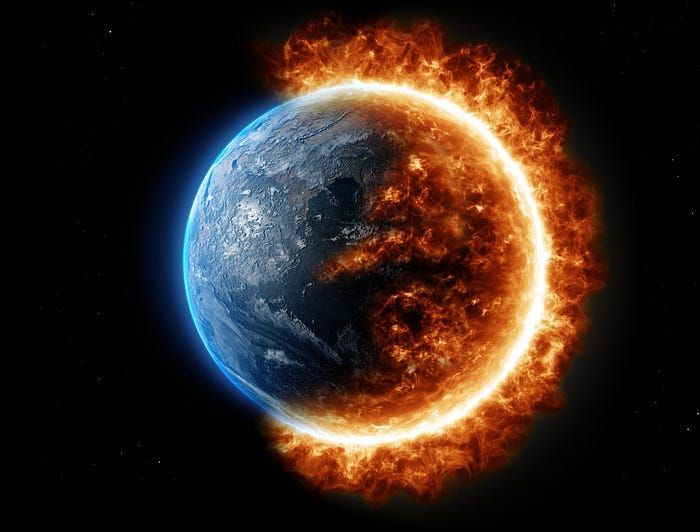 Earth from space halfway encircled with a ring of fire
