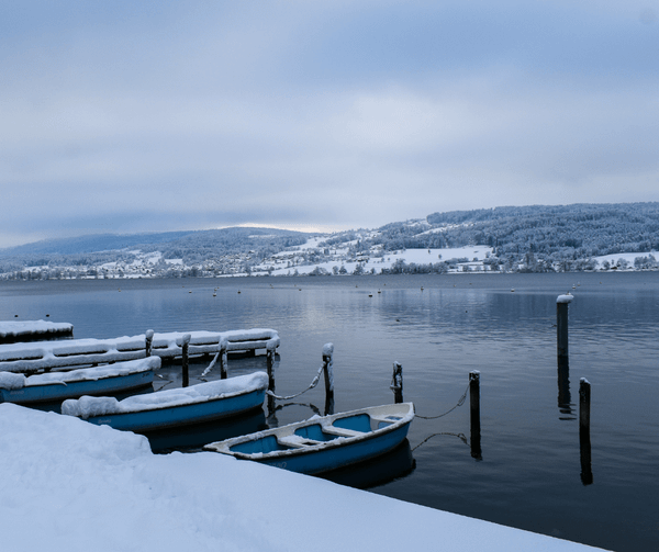 Snow-covered rowboats at the edge of a cold, gray lake