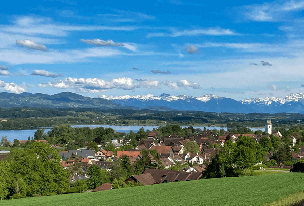 Picturesque Swiss town with green field in foreground and lake and mountains in the background.