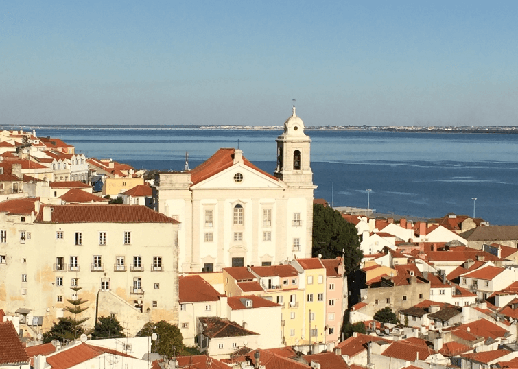 Red-roofed white houses in Lisbon, with the sea in the background