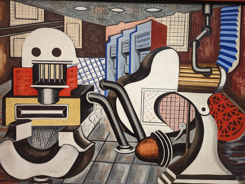 Modernist abstract painting of buildings and machinery. When inputs don't match up to outputs, nothing makes sense