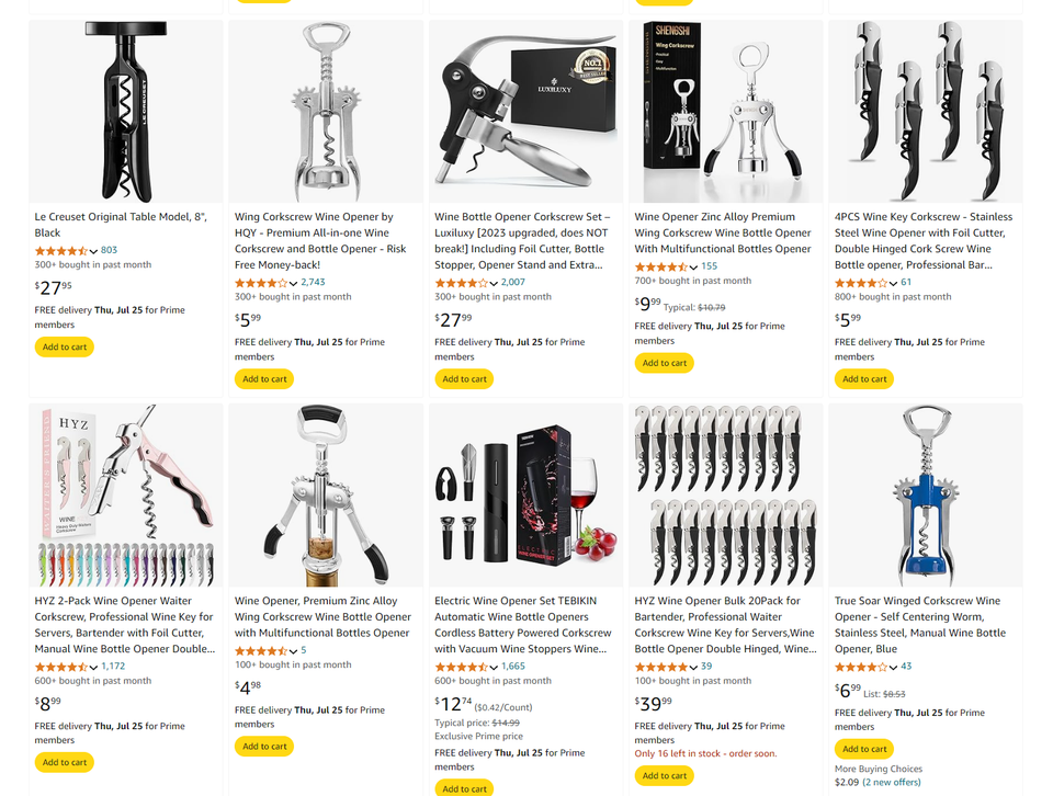 Screenshot of an Amazon page showing rows of corkscrews for sale in various shapes, colors, and prices