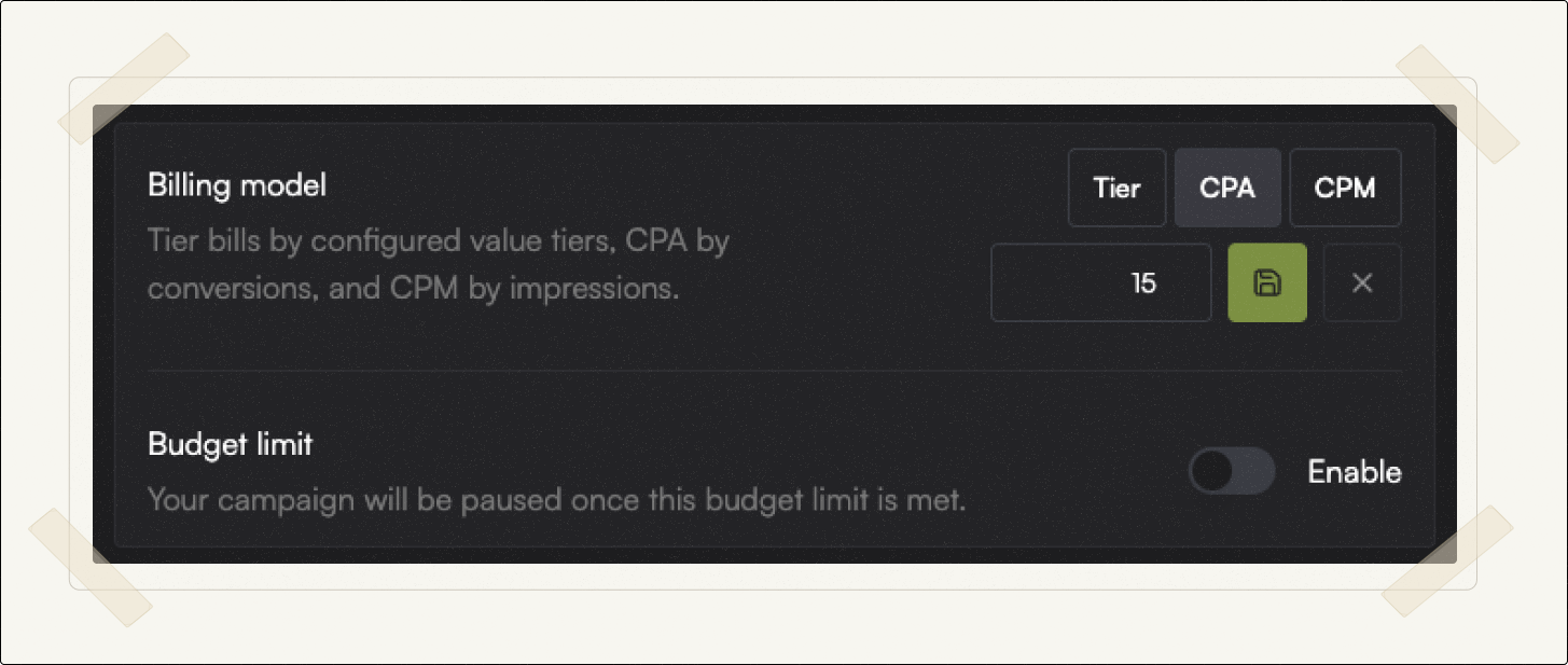 This is a screenshot of the Specify tiered and billing model from inside the advertiser's dashboard, with CPA selected