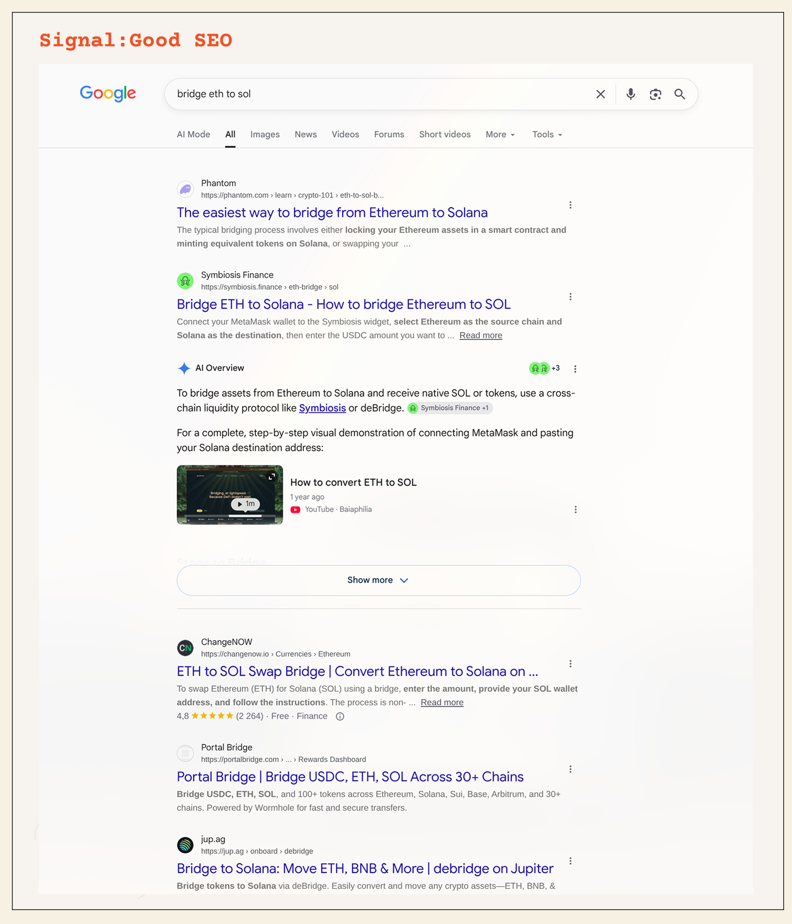 A screenshot of a Google search results page after a search for "bridge eth to sol" showing the SEO results
