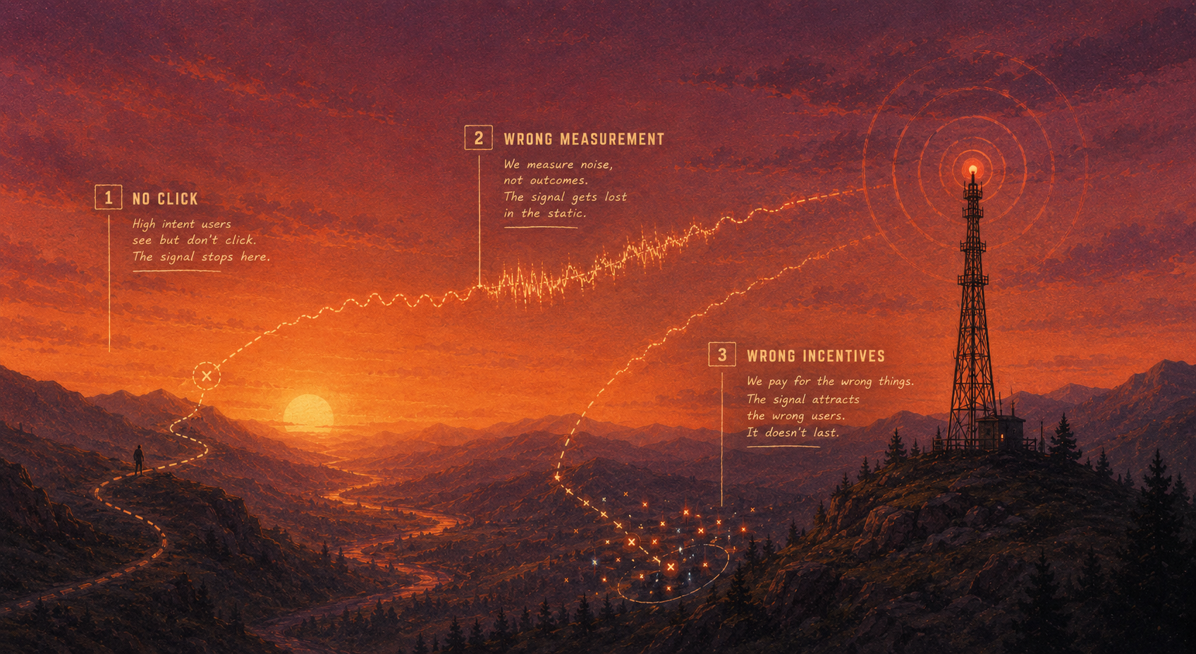 This is just a generated image around the W3A brand showing the three things that are wrong with web3 advertising coming as signals from the w3a tower