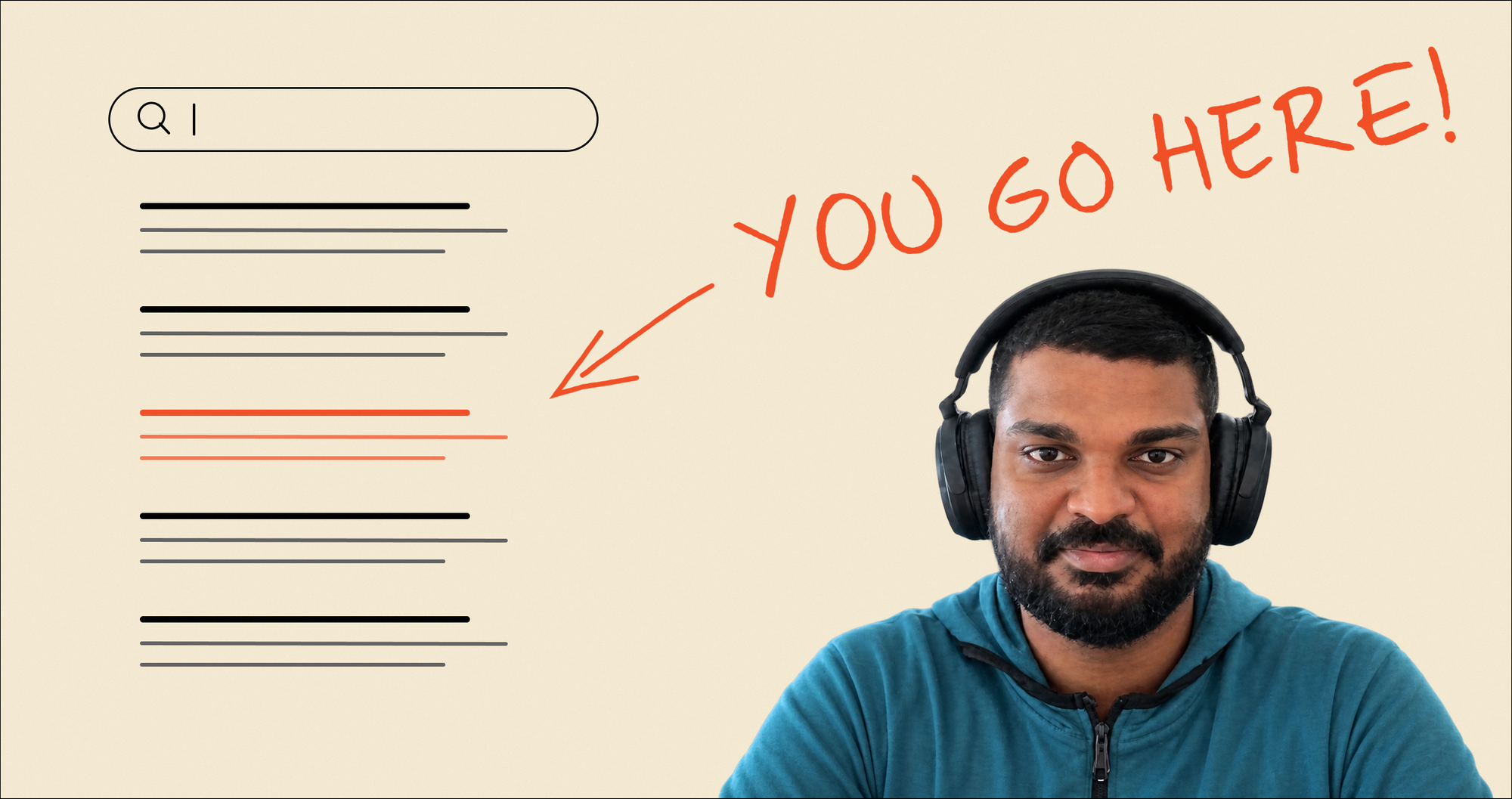 A line-drawn search results page with one slot in W3A orange, illustrating the untapped opportunity in crypto SEO: an orange hand-drawn arrow and the words "you go here" point at it.