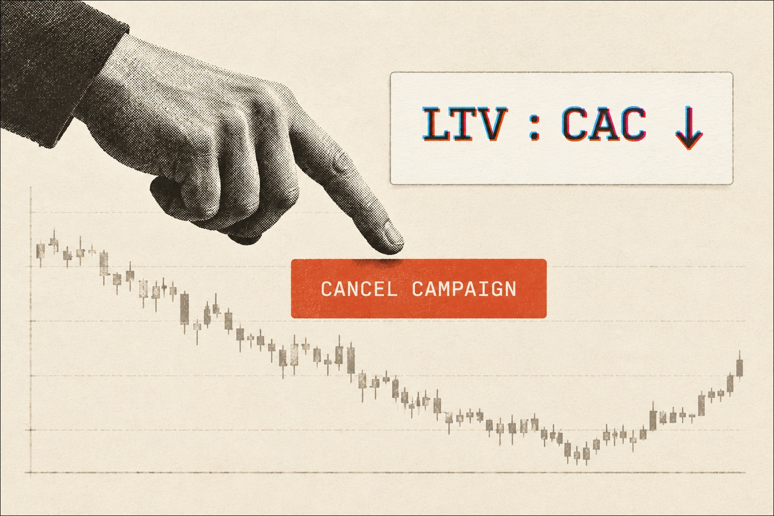 A generated image showing a hand clicking the cancel button because of the reduction in the LTV:CAC ratio