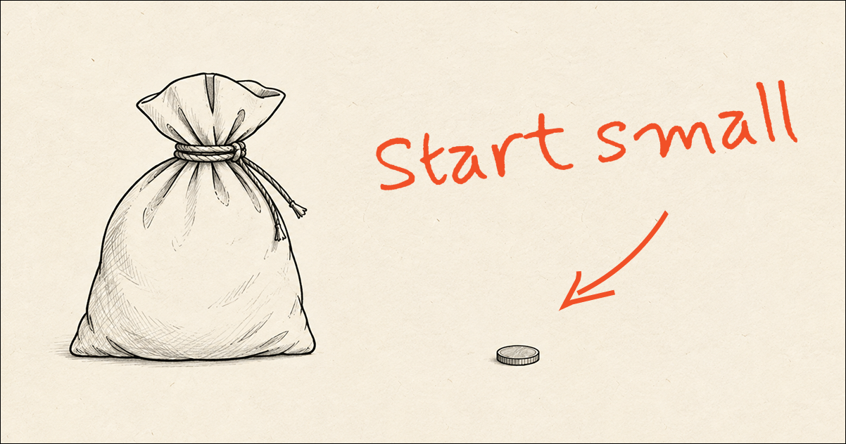 A line-drawn illustration of a large tied money bag left untouched beside one small coin set out in front, illustrating why a web3 ad campaign should start on a small paid test campaign first