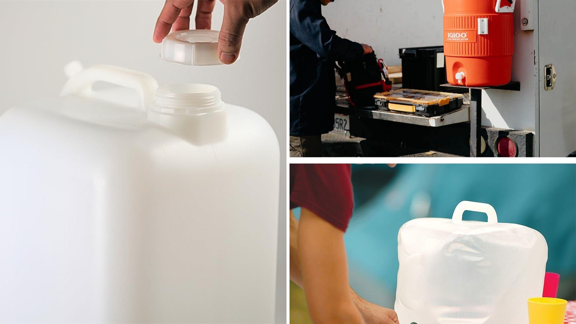 5 gallon water jugs: white storage hedpak, orange Igloo cooler and folding camp carrier