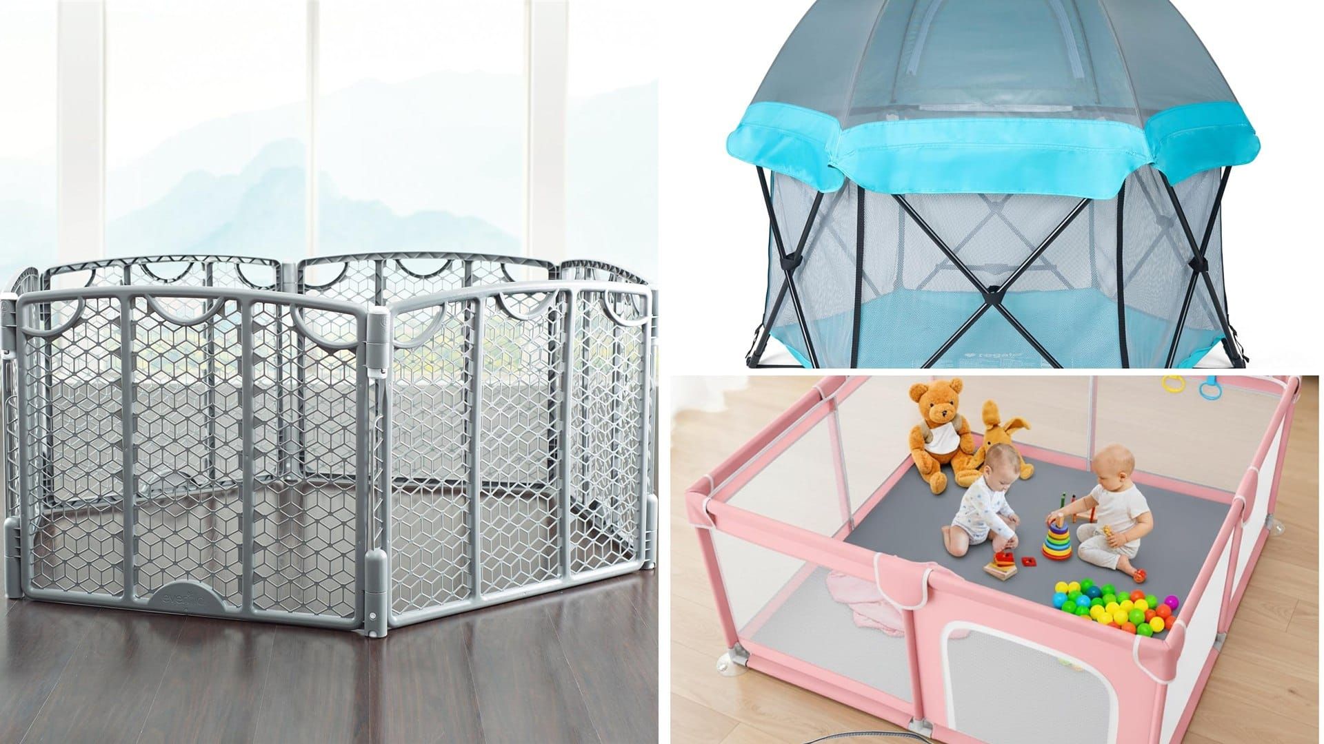 Baby playpens including a gray panel play space, a mesh play yard and a pink playpen