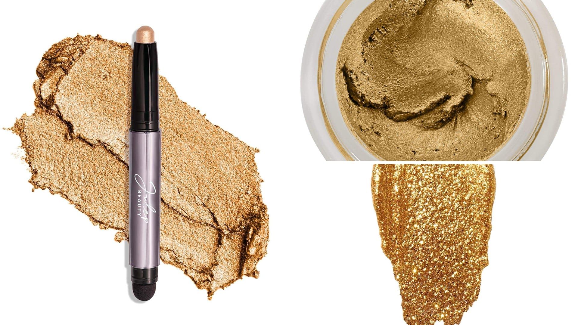 Gold eyeshadow stick, cream pot and liquid glitter swatches