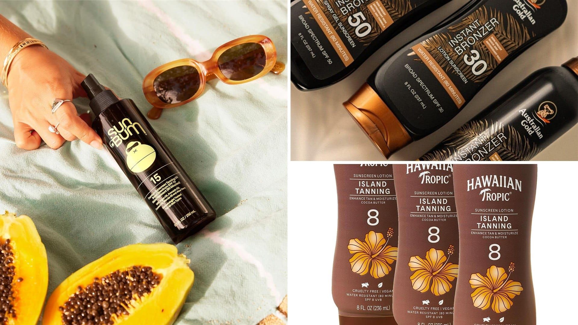Tanning sunscreen oil and lotion bottles on a beach towel