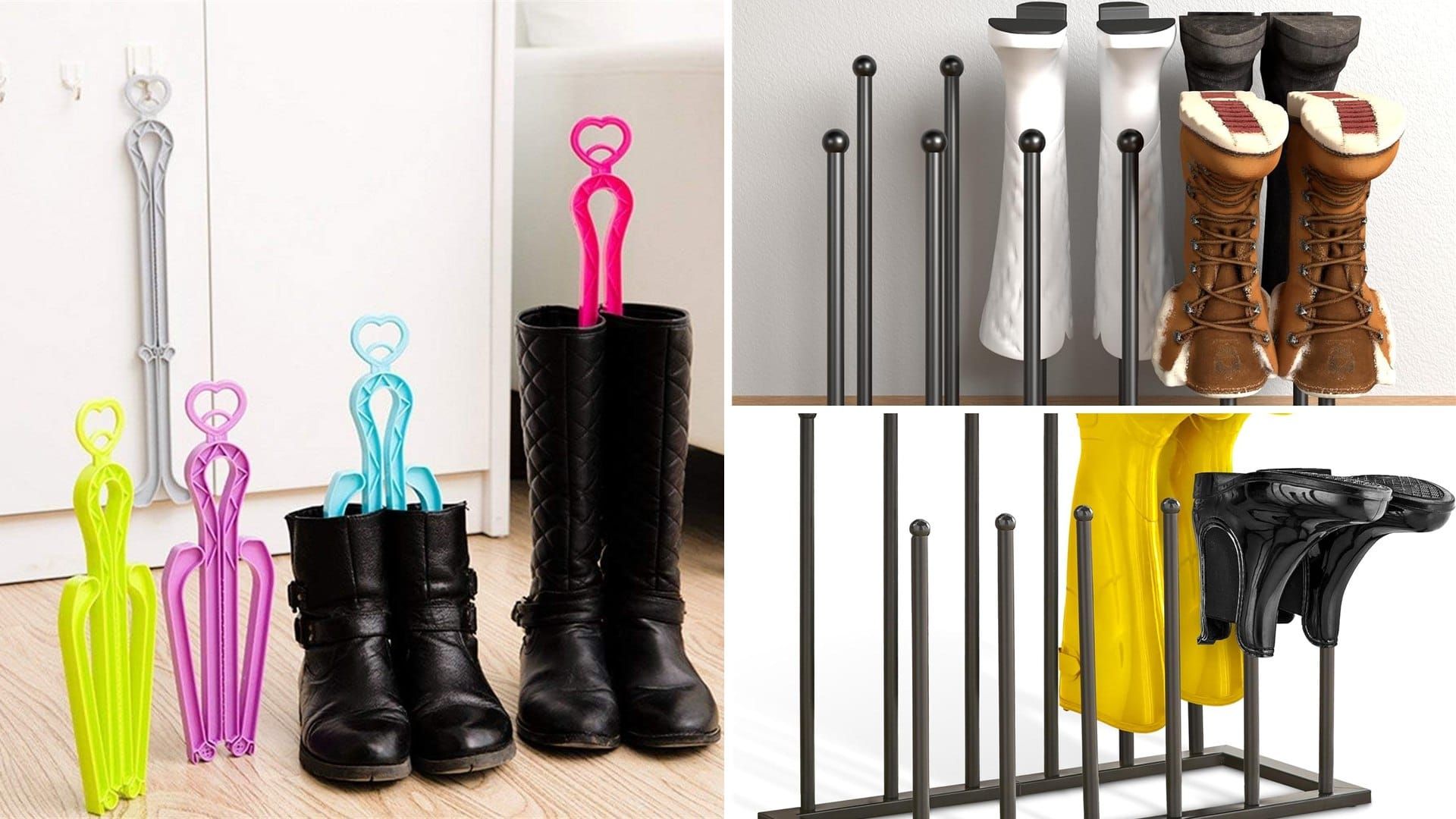 Boot shapers and metal boot racks holding tall boots upright