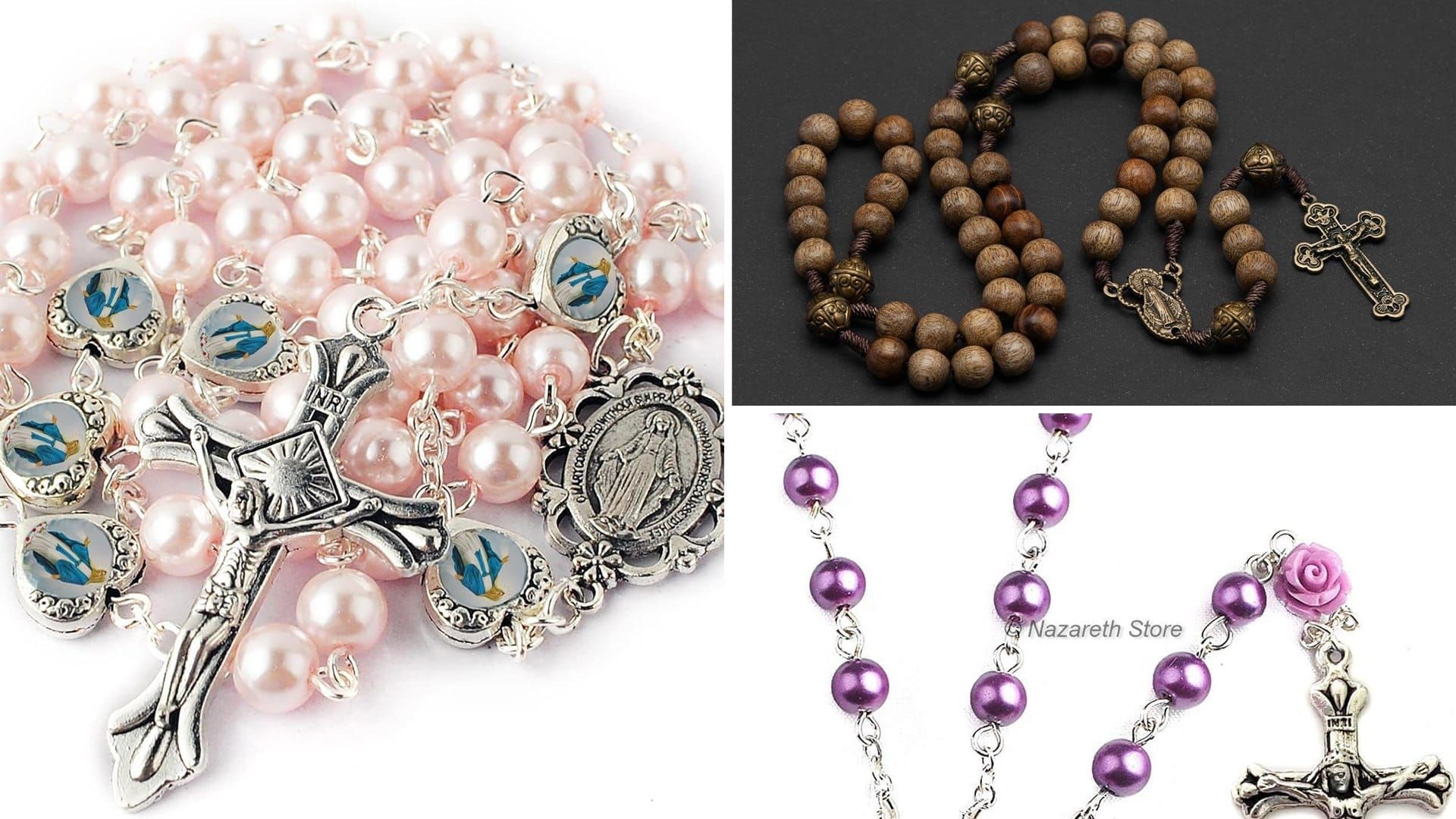 Pink pearl, walnut wood and purple pearl Catholic rosaries with crucifixes