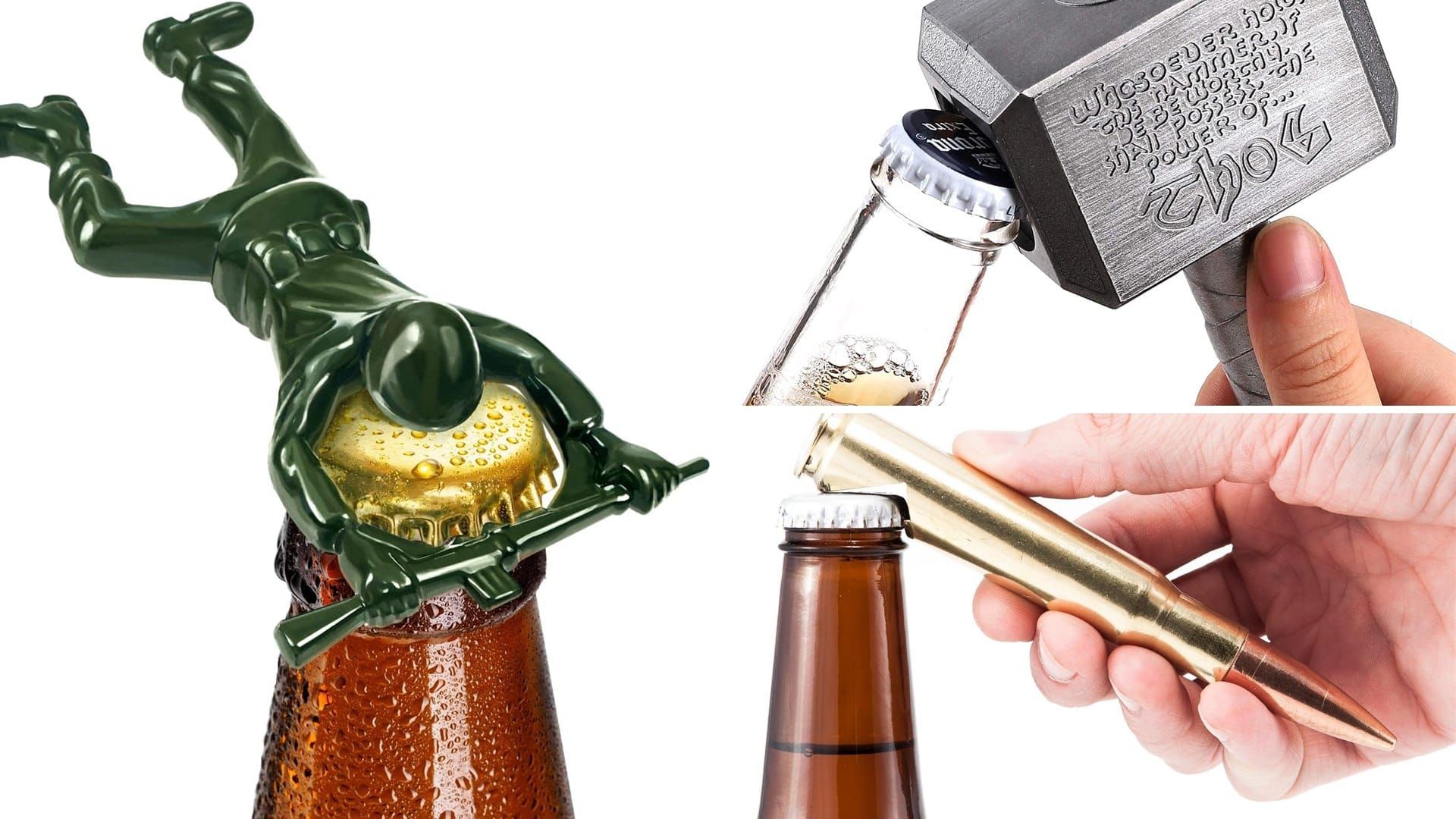 Army man, hammer and brass bullet bottle openers opening beer bottles