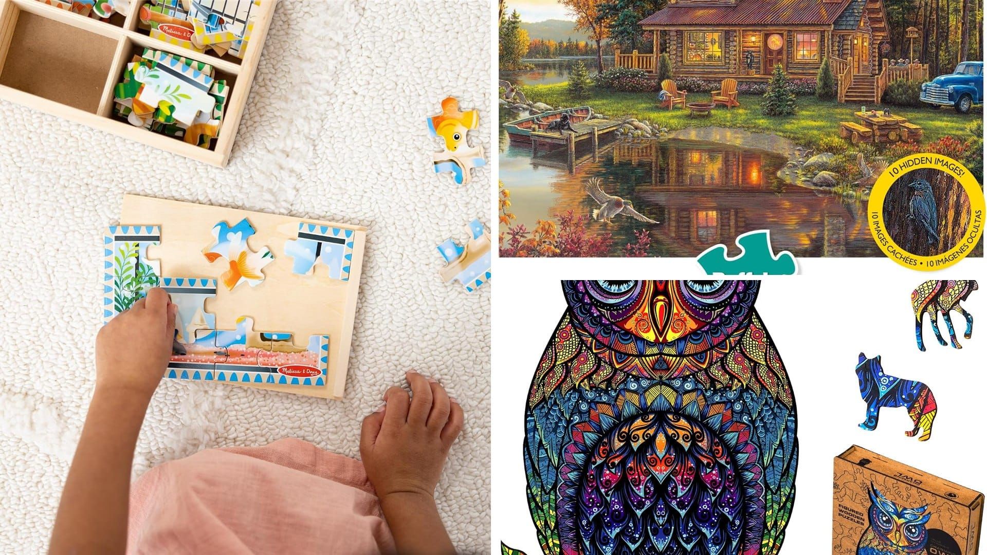 Cool jigsaw puzzles including a wooden owl puzzle and a cabin scene puzzle