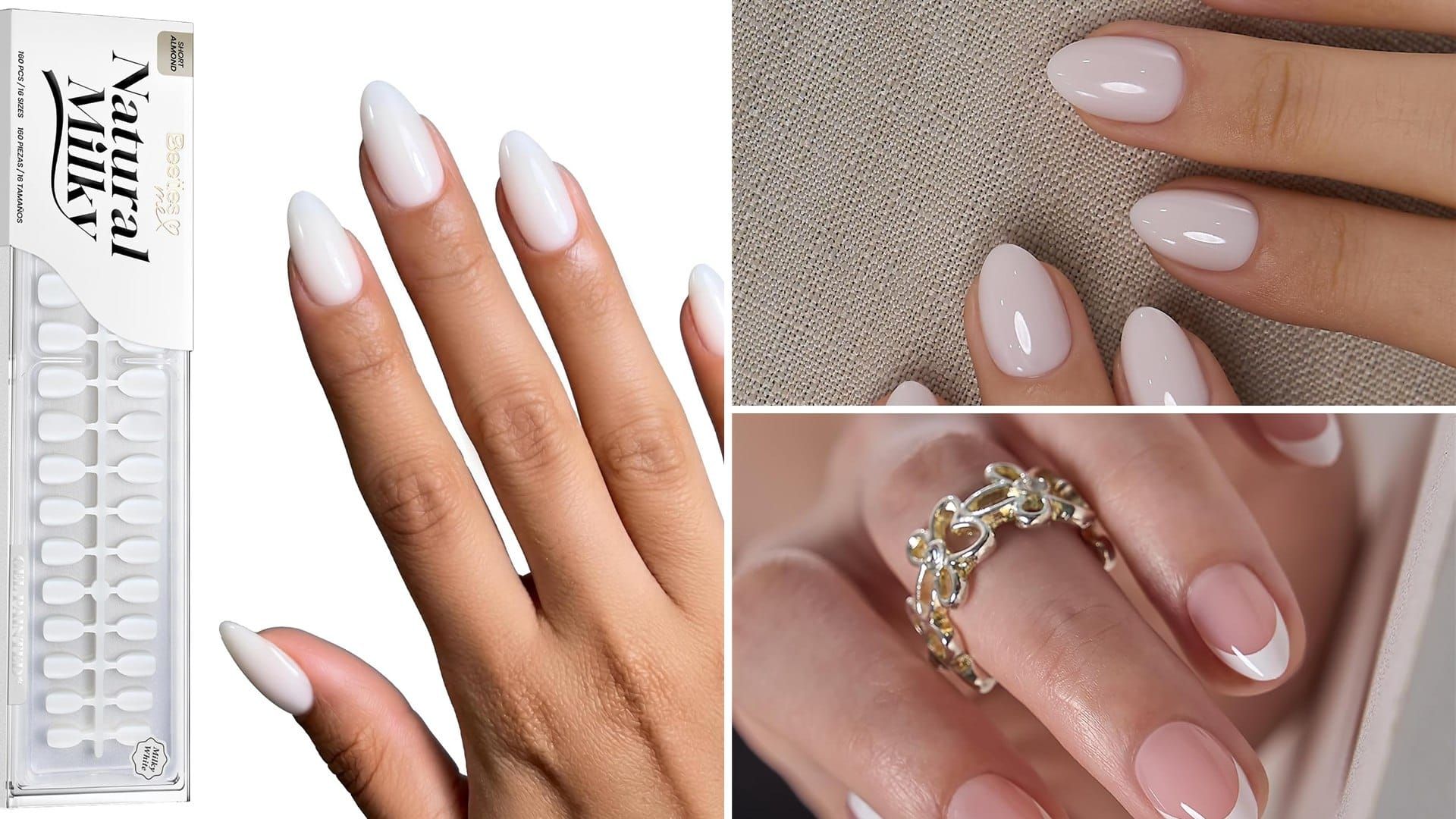 Milky white short almond press on nails on a hand