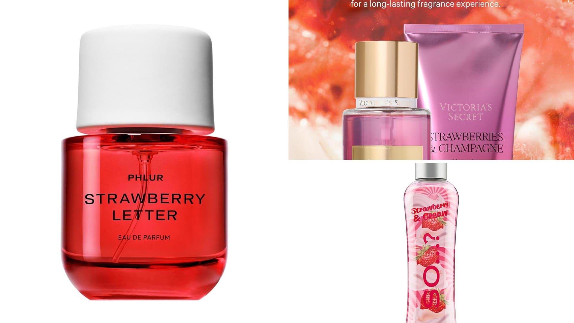 Bottles of strawberry perfume and body mist