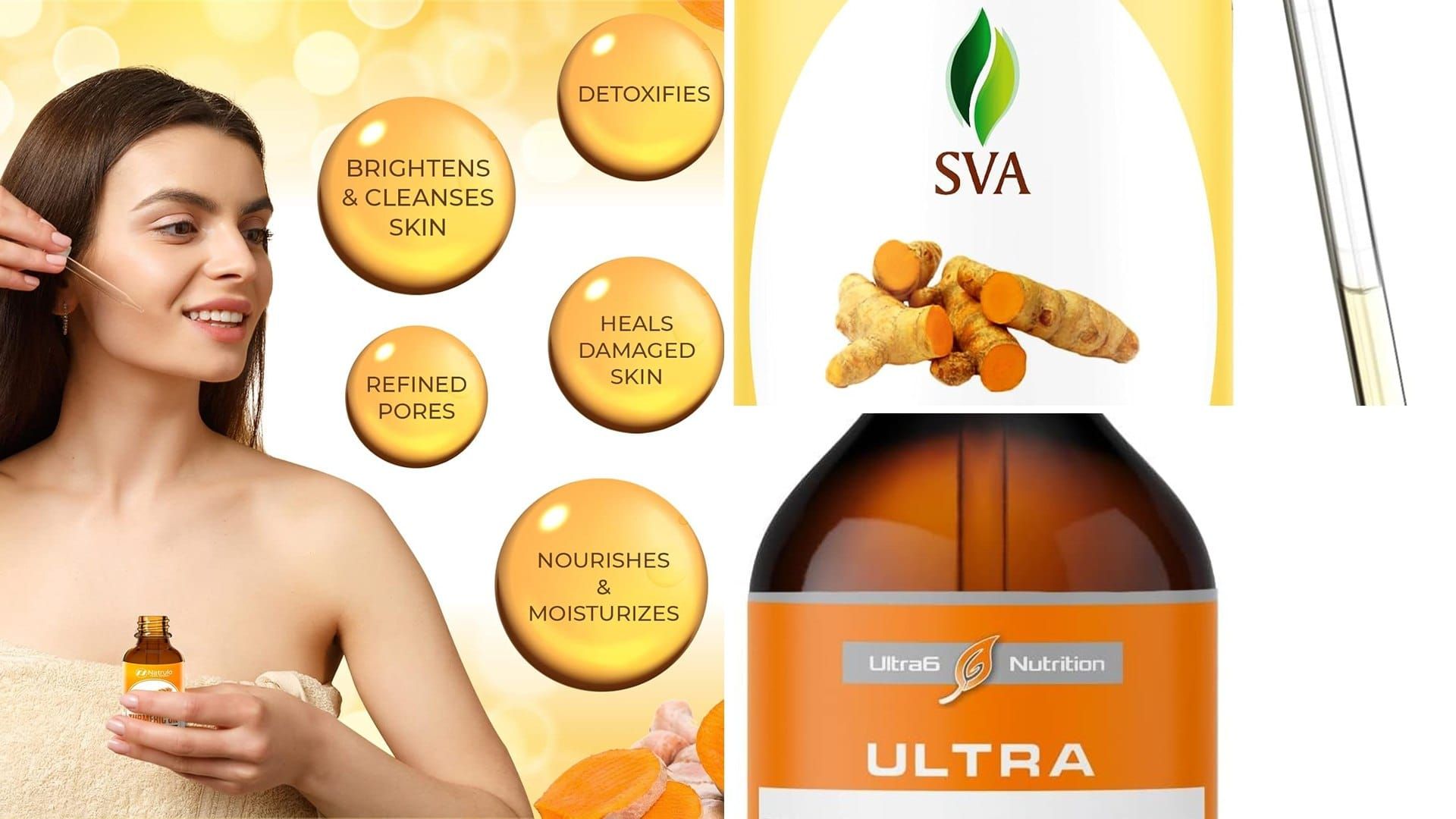 Bottles of turmeric oil for skin and wellness