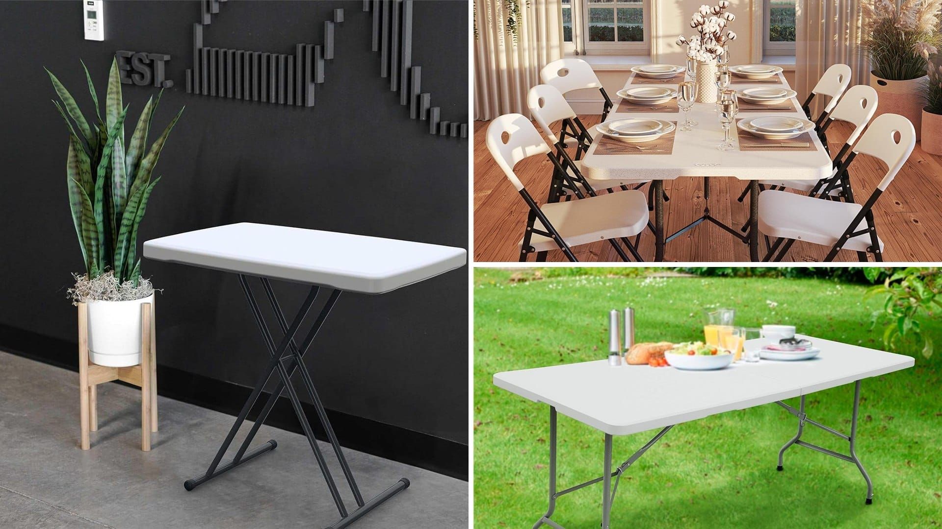 White folding tables set up indoors for dinner and outdoors on the lawn