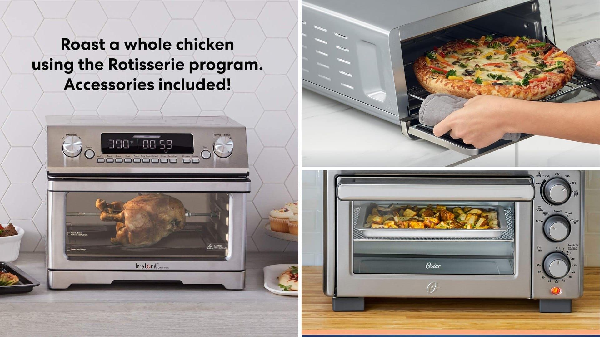 Air fryer toaster ovens on a kitchen counter roasting chicken and pizza