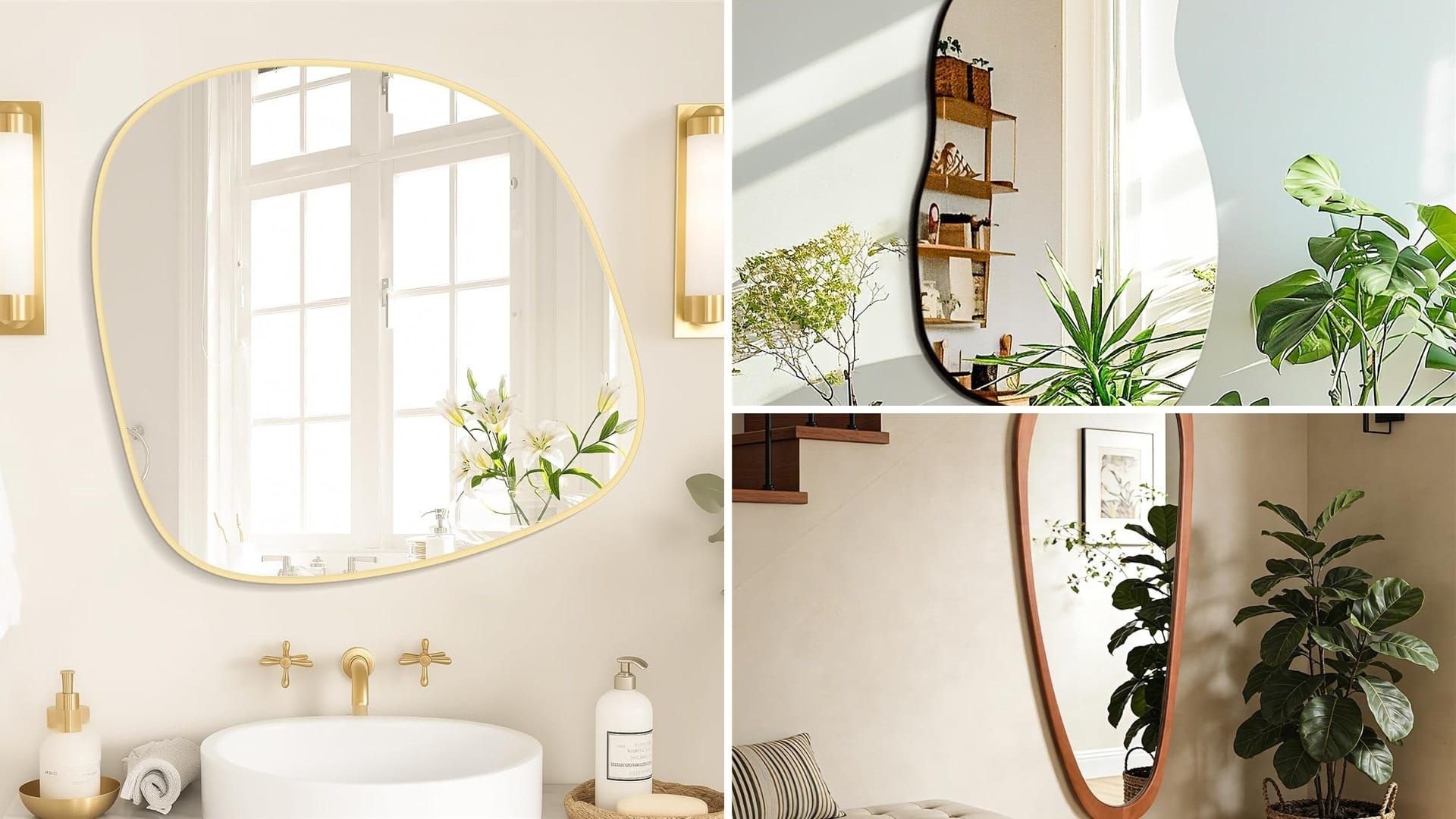 Gold-framed asymmetrical mirror above a bathroom sink