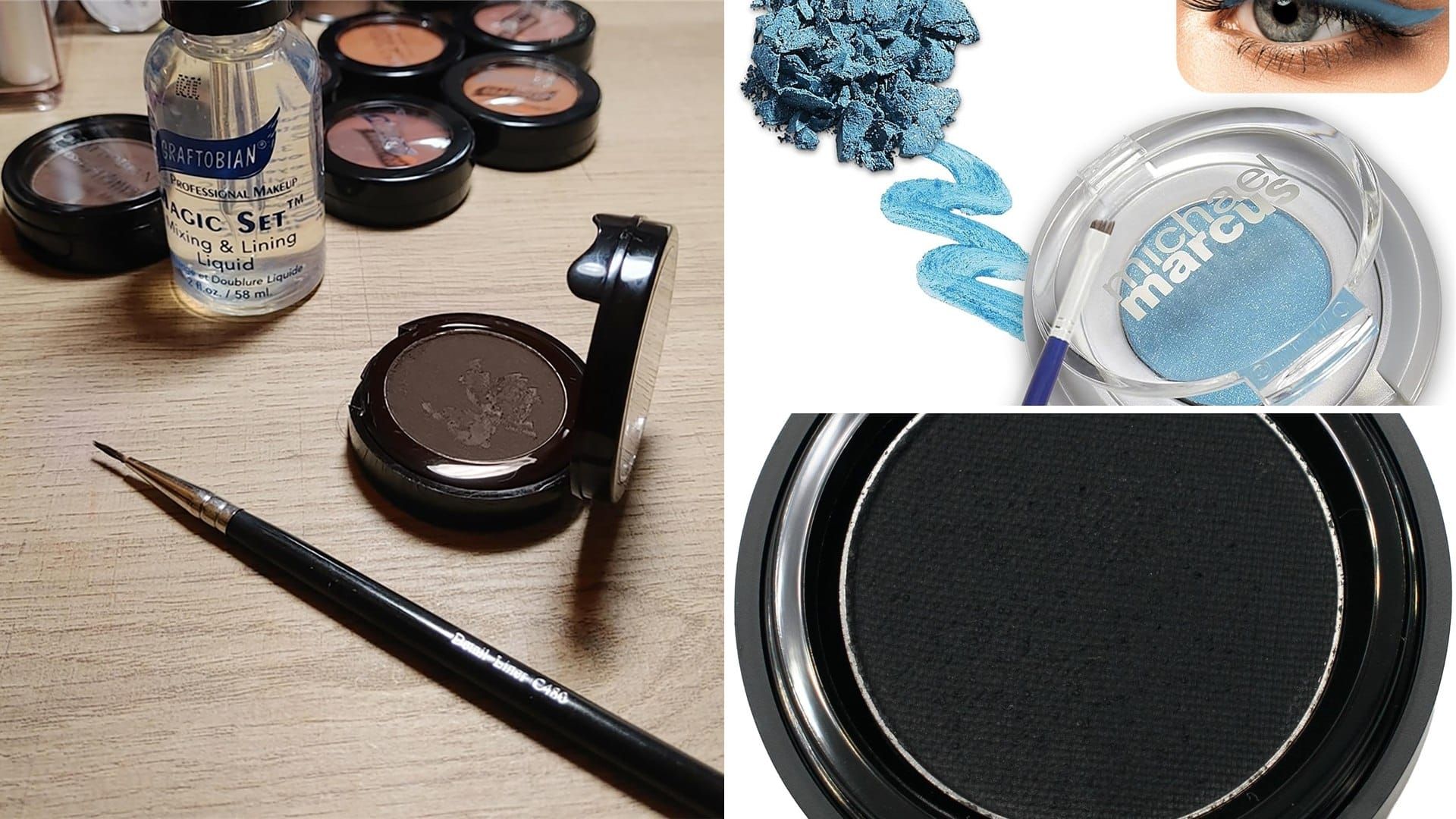 Cake eyeliner pans with a brush and setting liquid