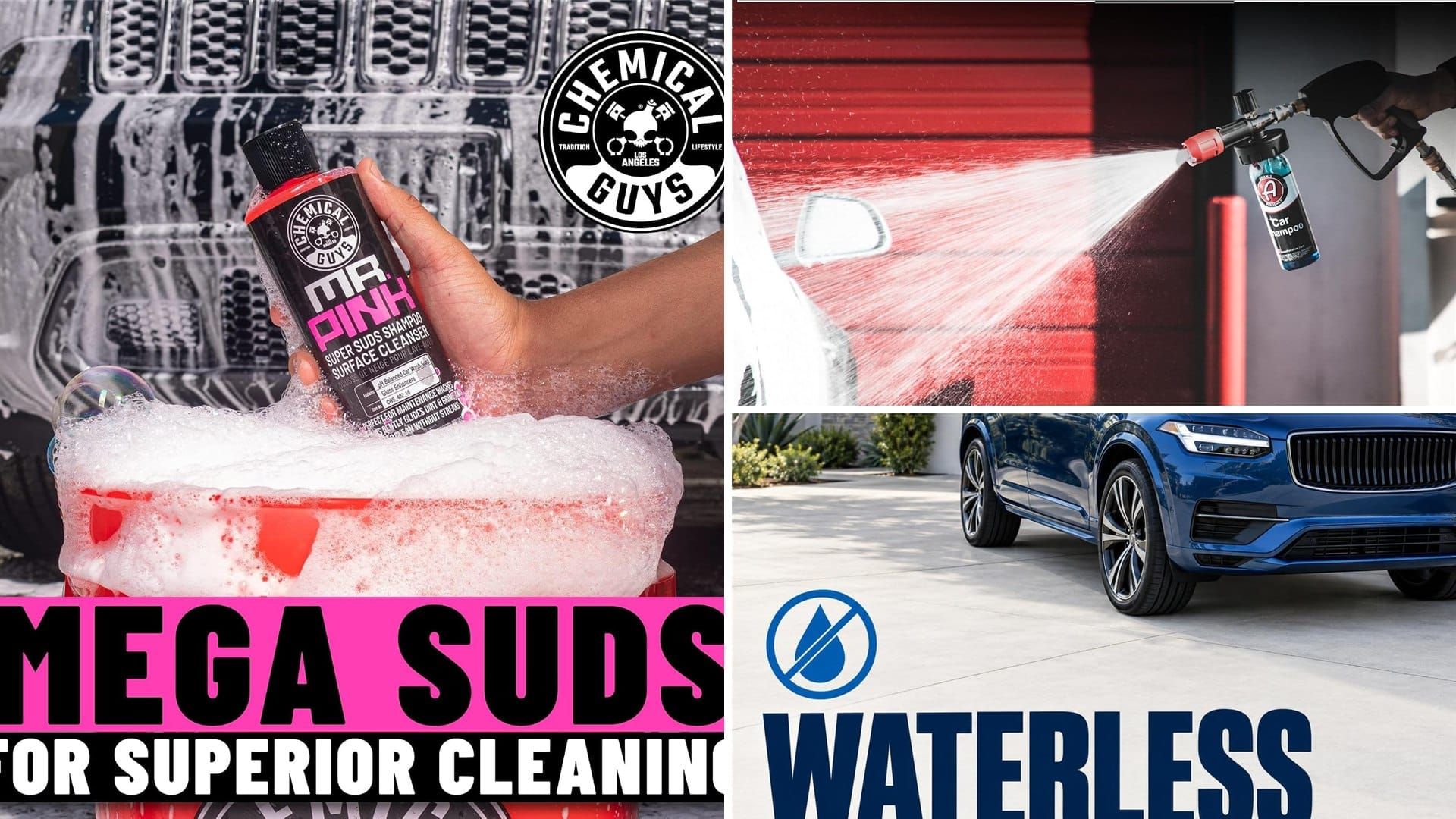 Foamy car wash suds on a car with a bottle of car shampoo