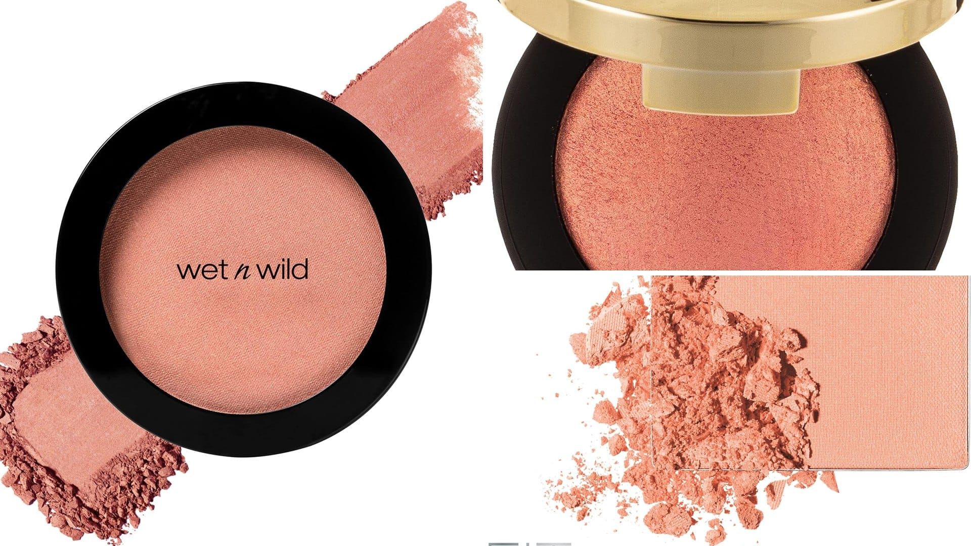 Coral pink blush compacts and powder swatches