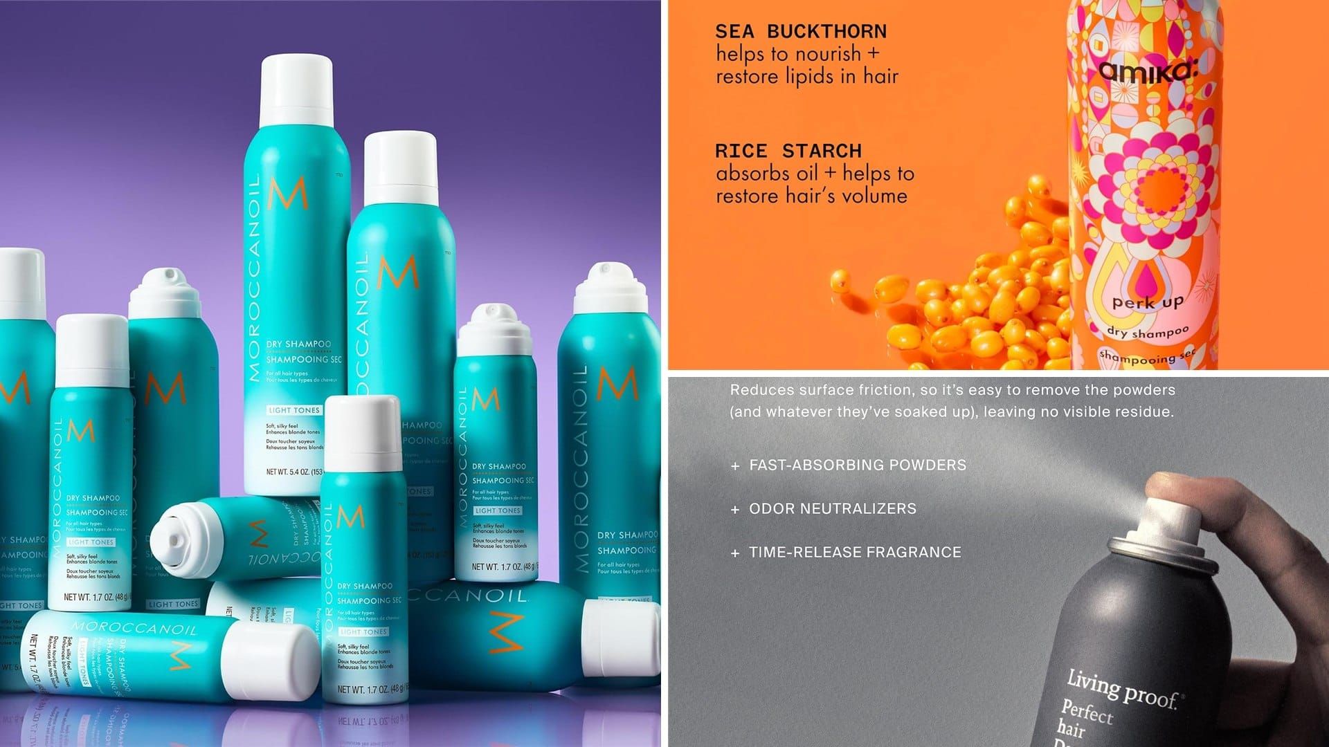 Moroccanoil, Amika and Living Proof dry shampoo cans
