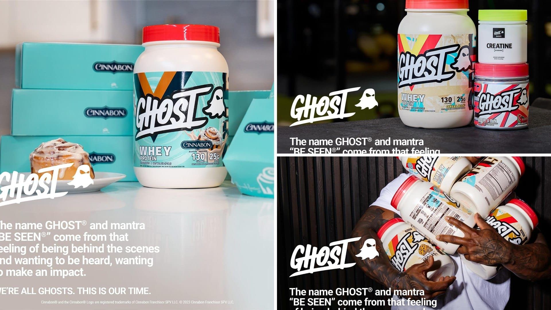 Ghost whey protein tubs in Cinnabon and Cereal Milk flavors