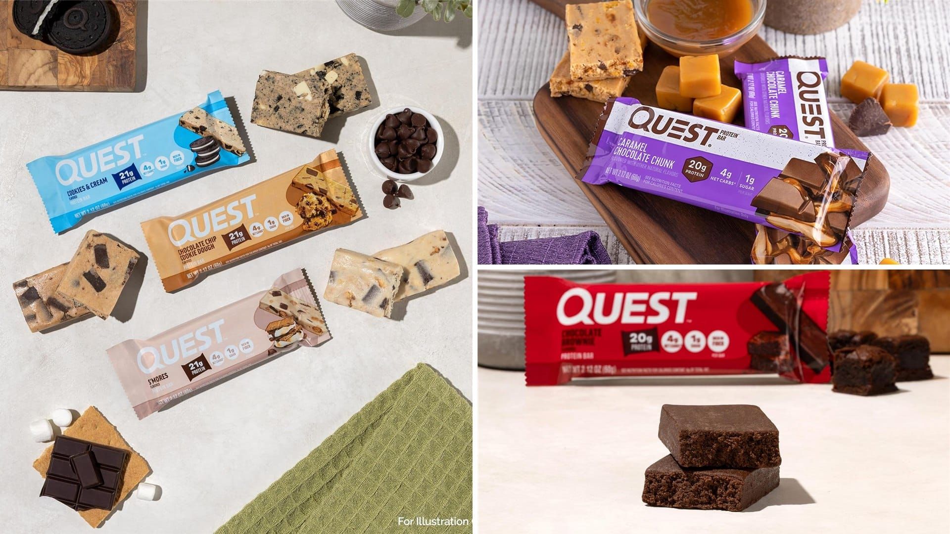 Quest protein bars in cookies and cream, cookie dough, caramel and brownie