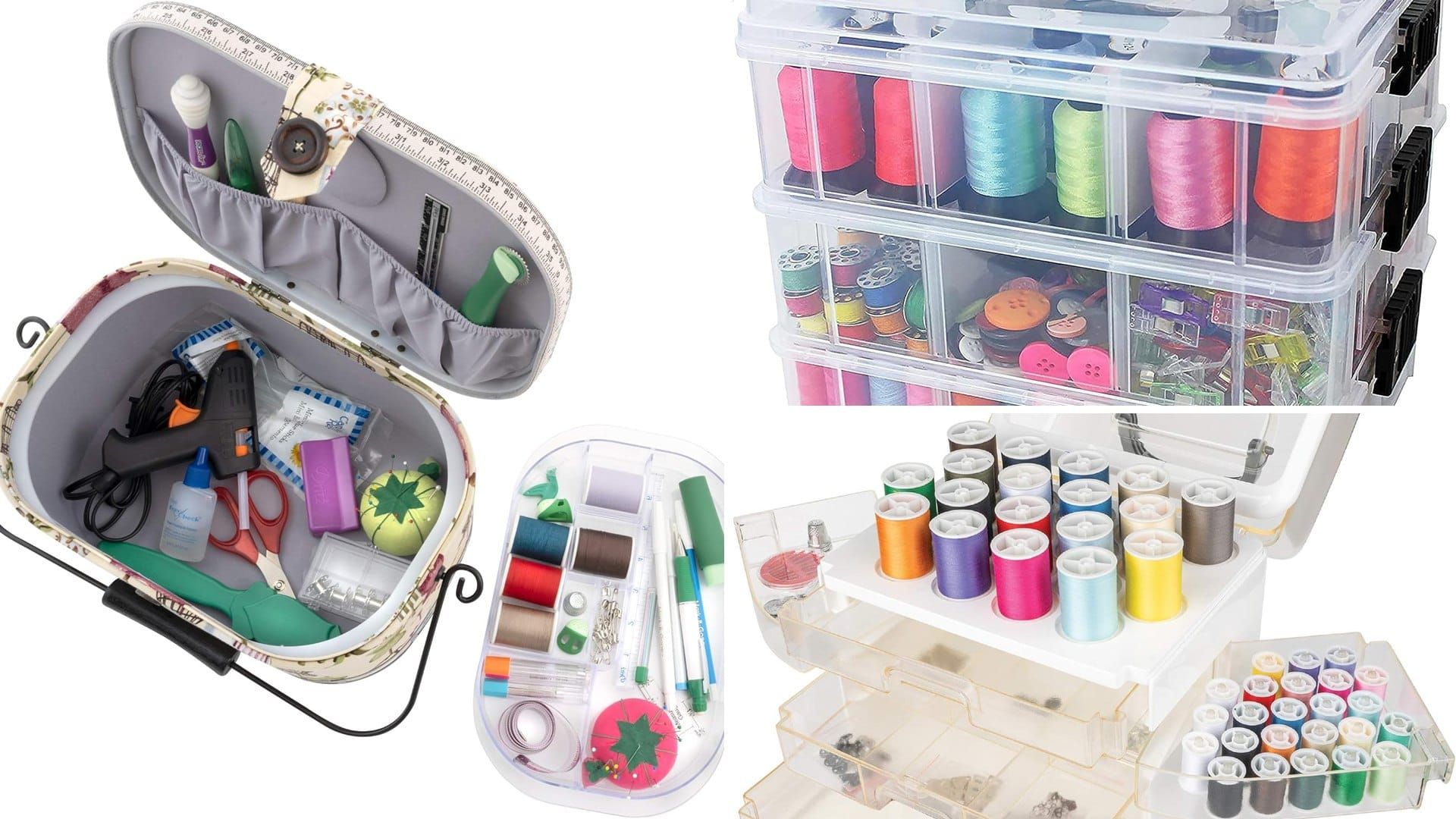 Open sewing basket with thread, scissors and notions beside a stackable thread organizer