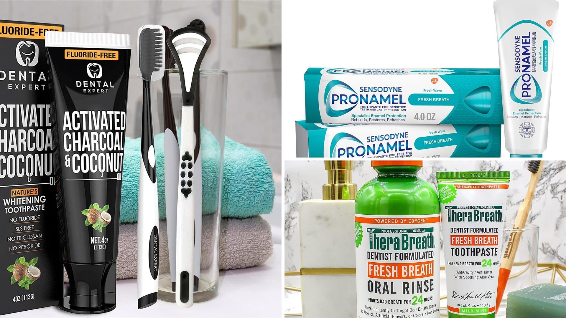 Toothpaste tubes for bad breath including Sensodyne Pronamel and TheraBreath